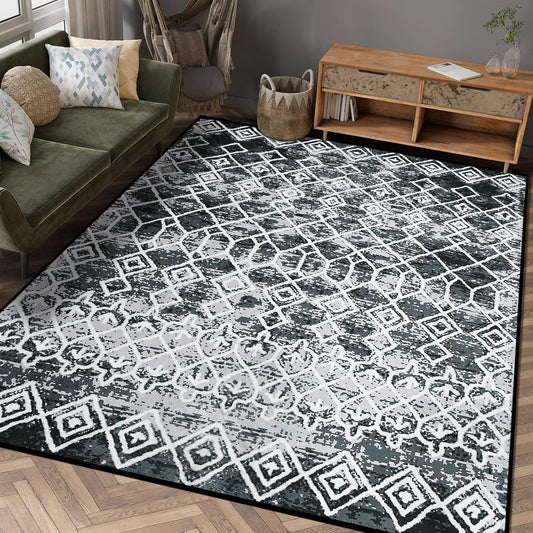 Modern Rug 5x7 Thin Black and Grey Machine Washable Area Rug