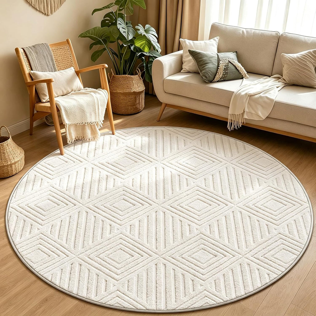 Checkered Cream Boho Round Washable Rug - Rugsco.ca