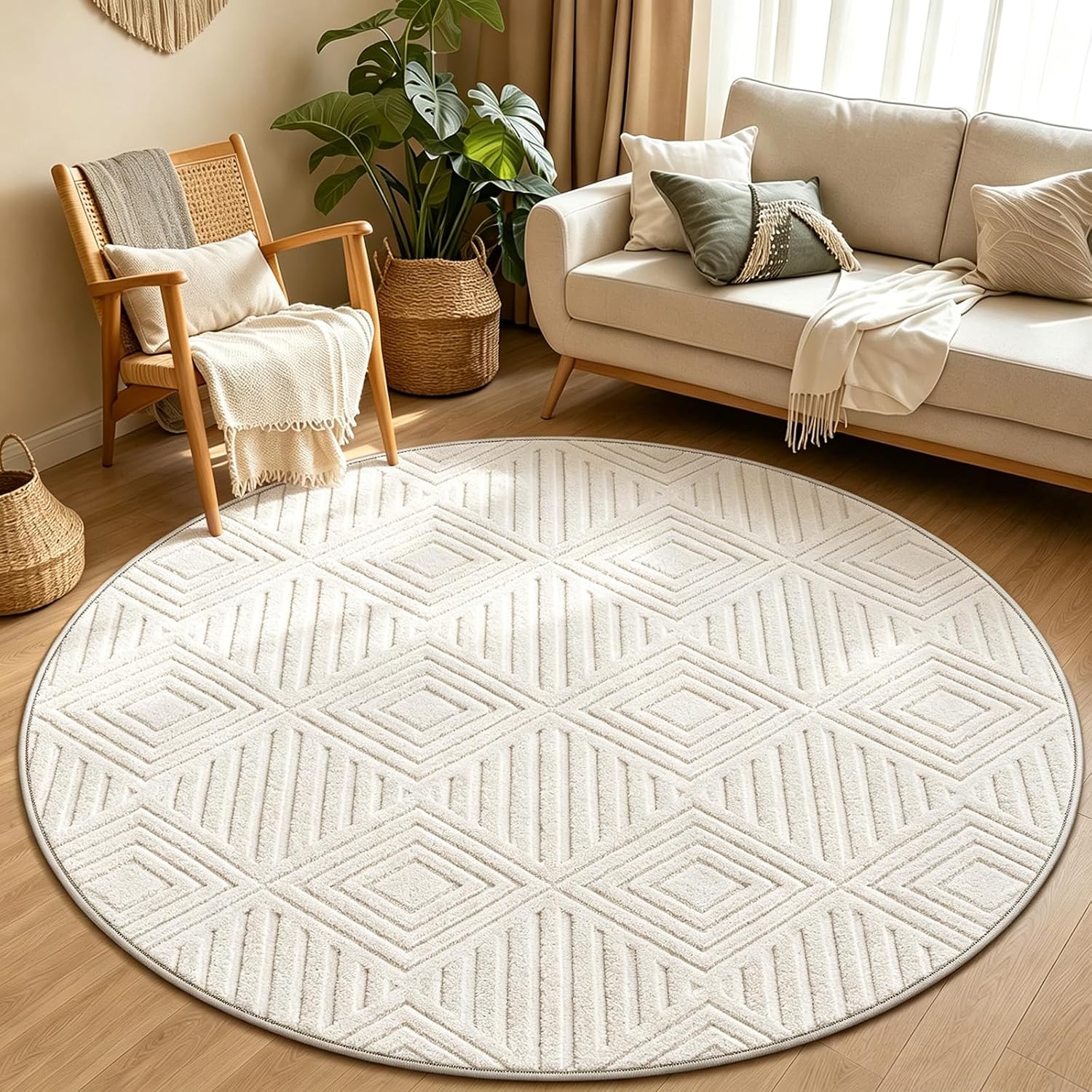 Checkered Cream Boho Round Washable Rug - Rugsco.ca