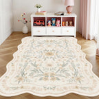 Beige Scalloped Floral Washable Rug - Rugsco.ca