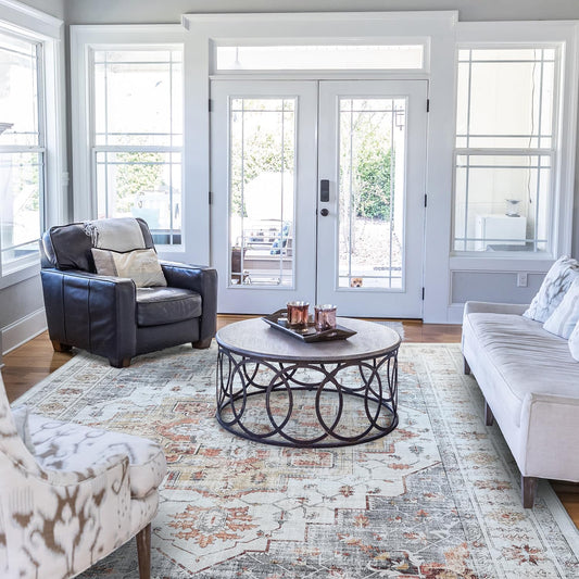 Modern Washable Rug Boho Non-Slip Beige and Grey Area Rug 
