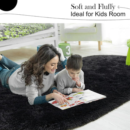Oval Fluffy Rug Black 3x11
