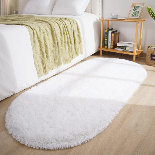 Oval Fluffy Rug White Plain 3x5
