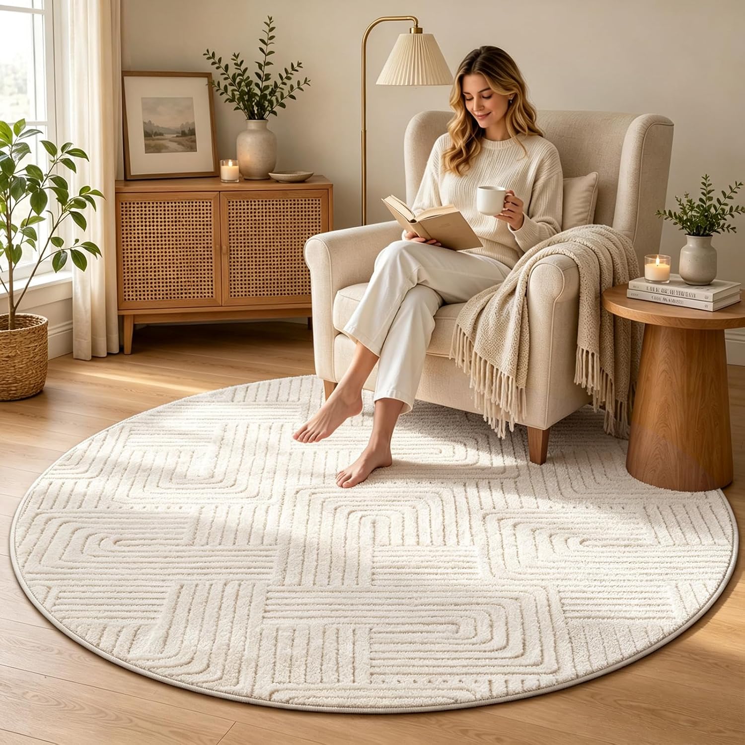 Geometric Cream Boho Round Washable Rug - Rugsco.ca