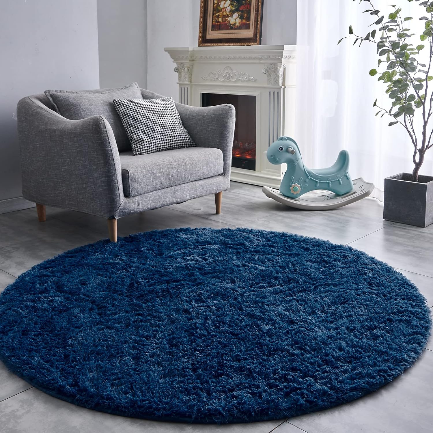 Round Fluffy Rug Navy Blue