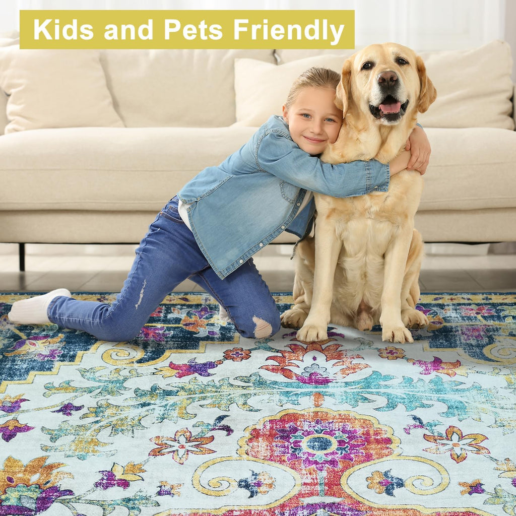 Modern Washable Rug Boho Non-Slip Blue and Multicolor Area Rug
