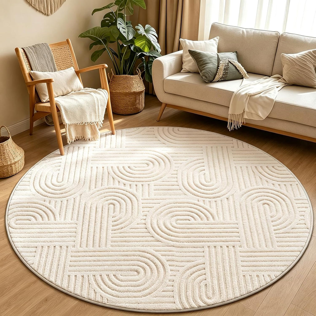 Arch Cream Boho Round Washable Rug - Rugsco.ca