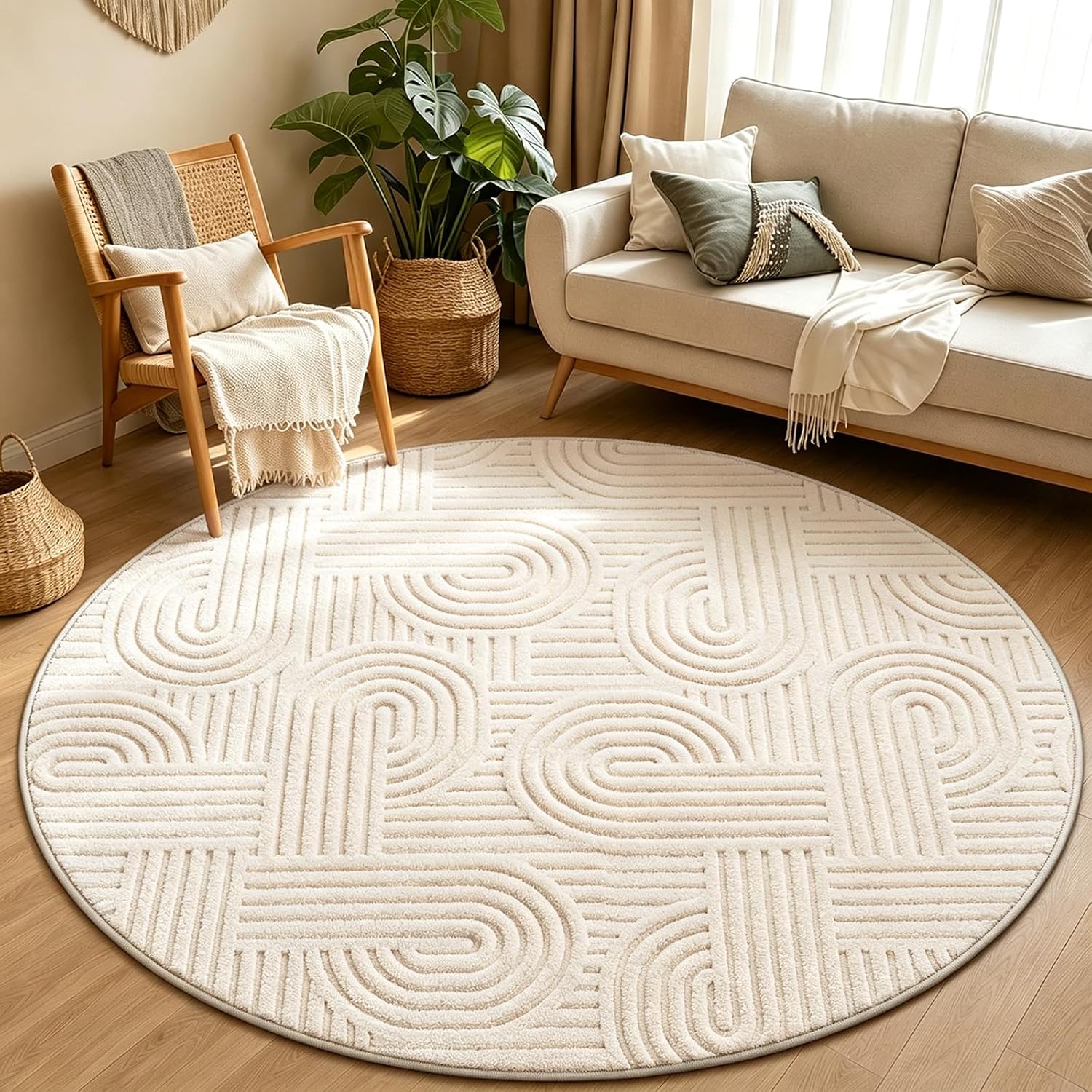 Arch Cream Boho Round Washable Rug - Rugsco.ca