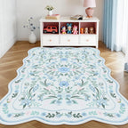 Blue Scalloped Floral Washable Rug - Rugsco.ca