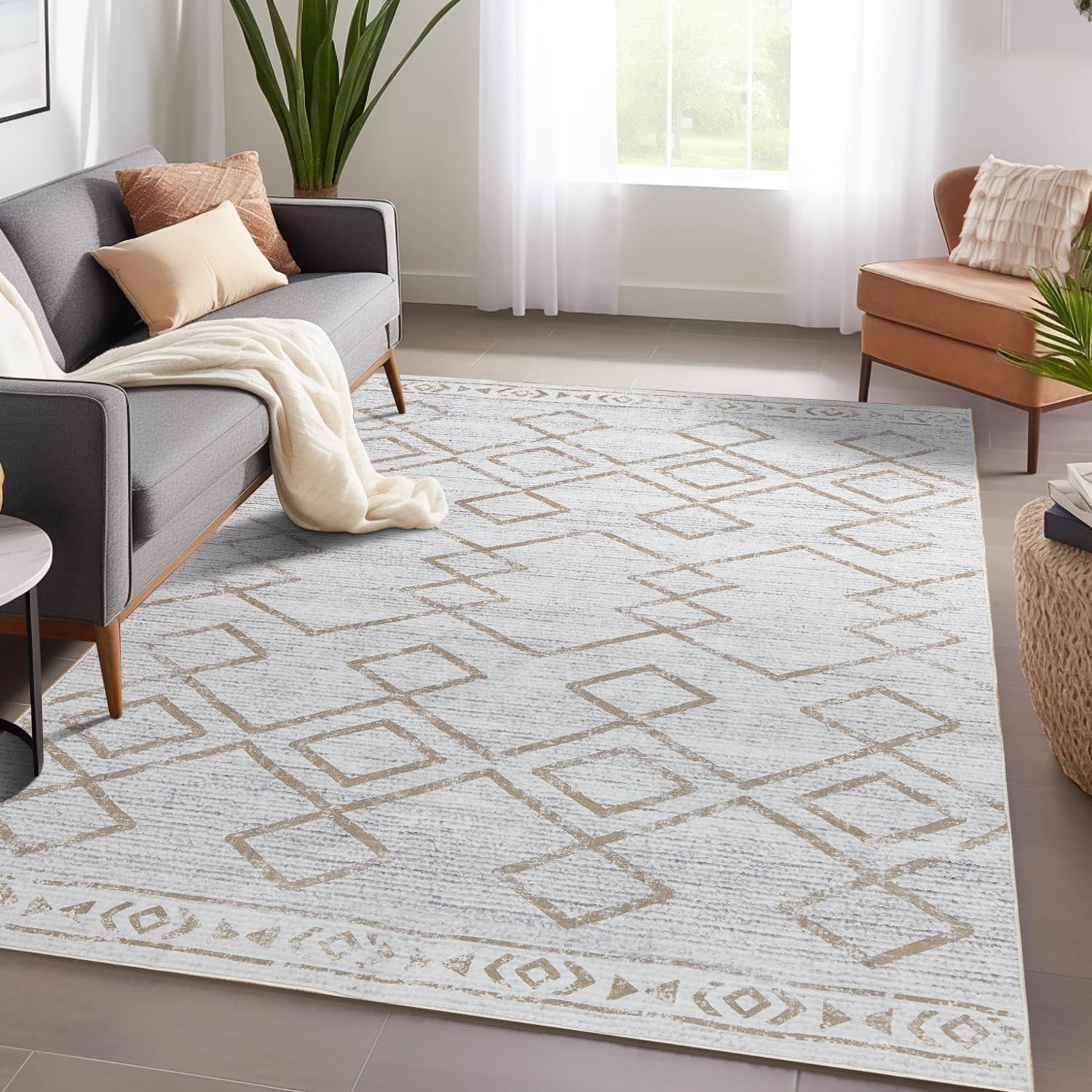 Boho Yellow Beige Non Slip Modern  Living Room Kitchen and Bedroom
