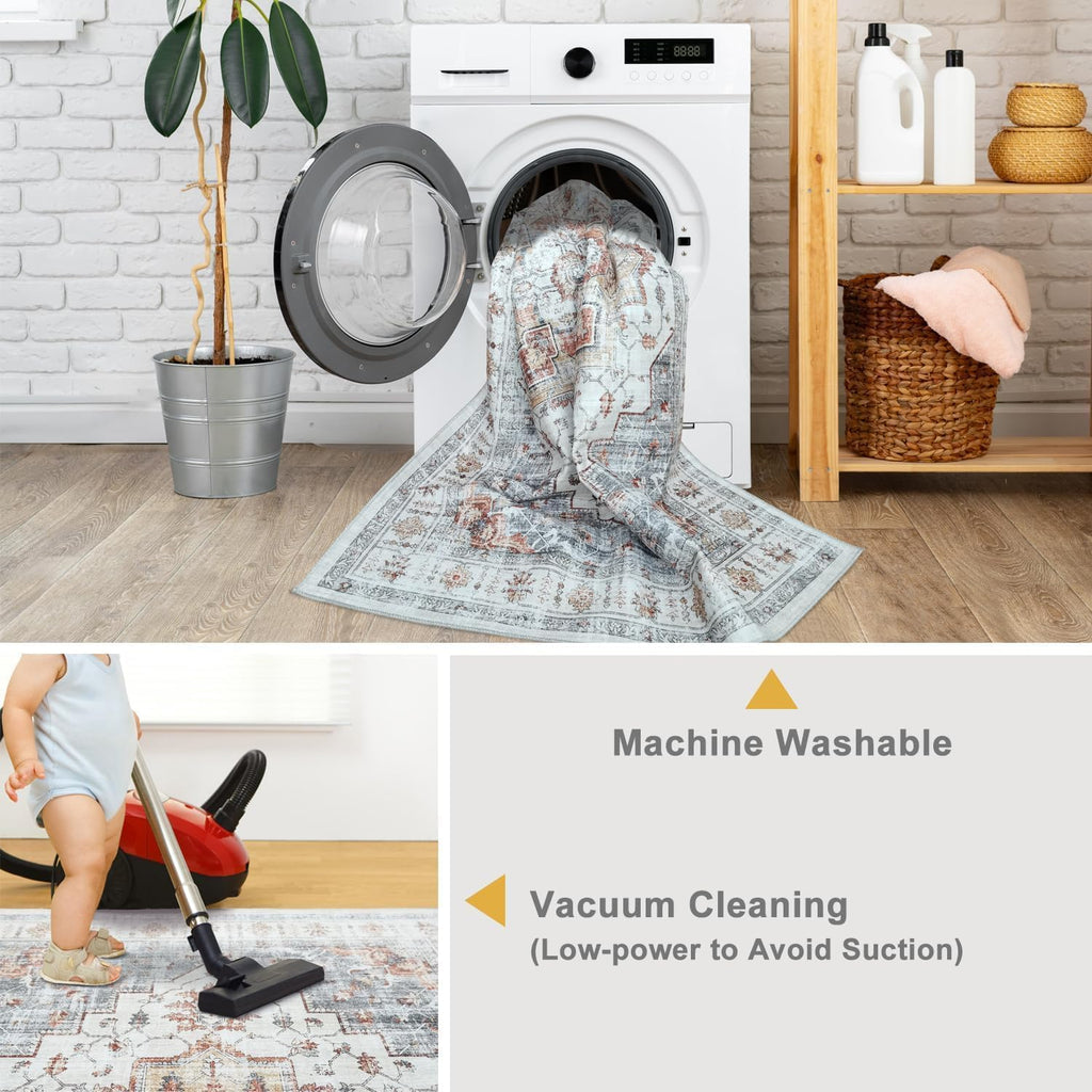 Modern Washable Rug Boho Non-Slip Beige and Grey Area Rug 