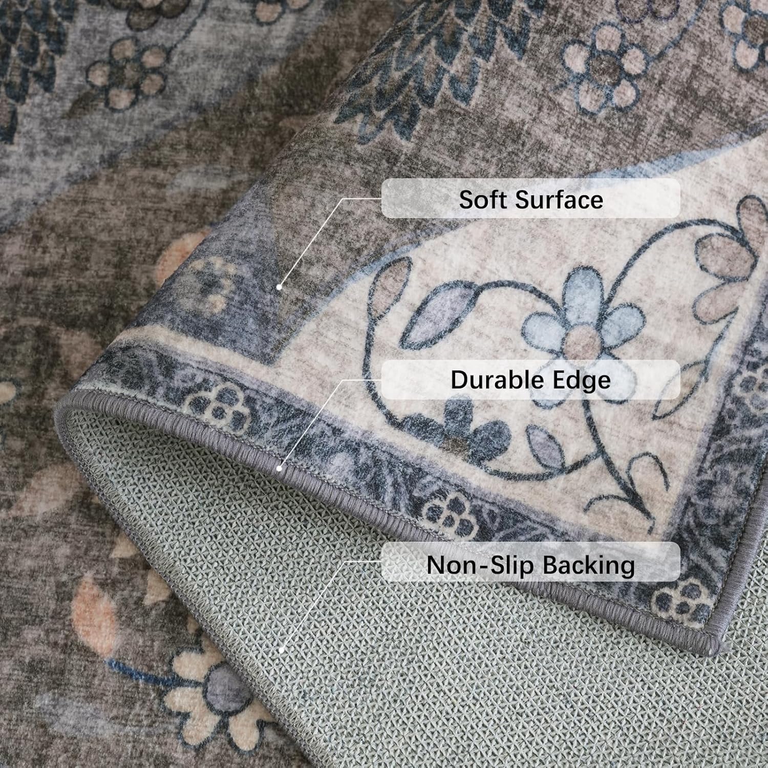 Turkish Blue grey Rug Non Slip Modern  Living Room Kitchen and Bedroom