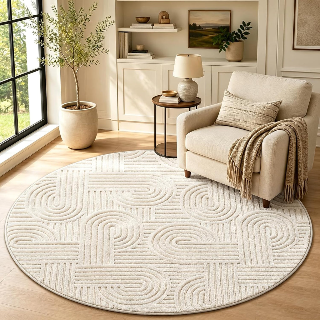 Arch Cream Boho Round Washable Rug - Rugsco.ca