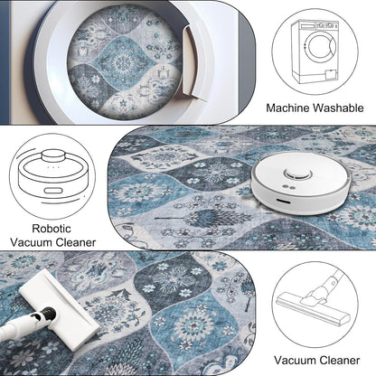 Turkish Blue Rug Non Slip Modern  Living Room Kitchen and Bedroom