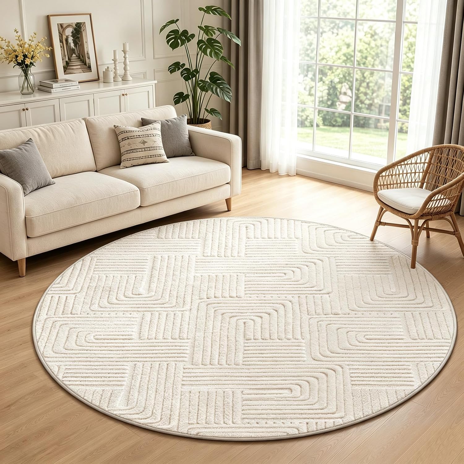 Geometric Cream Boho Round Washable Rug - Rugsco.ca