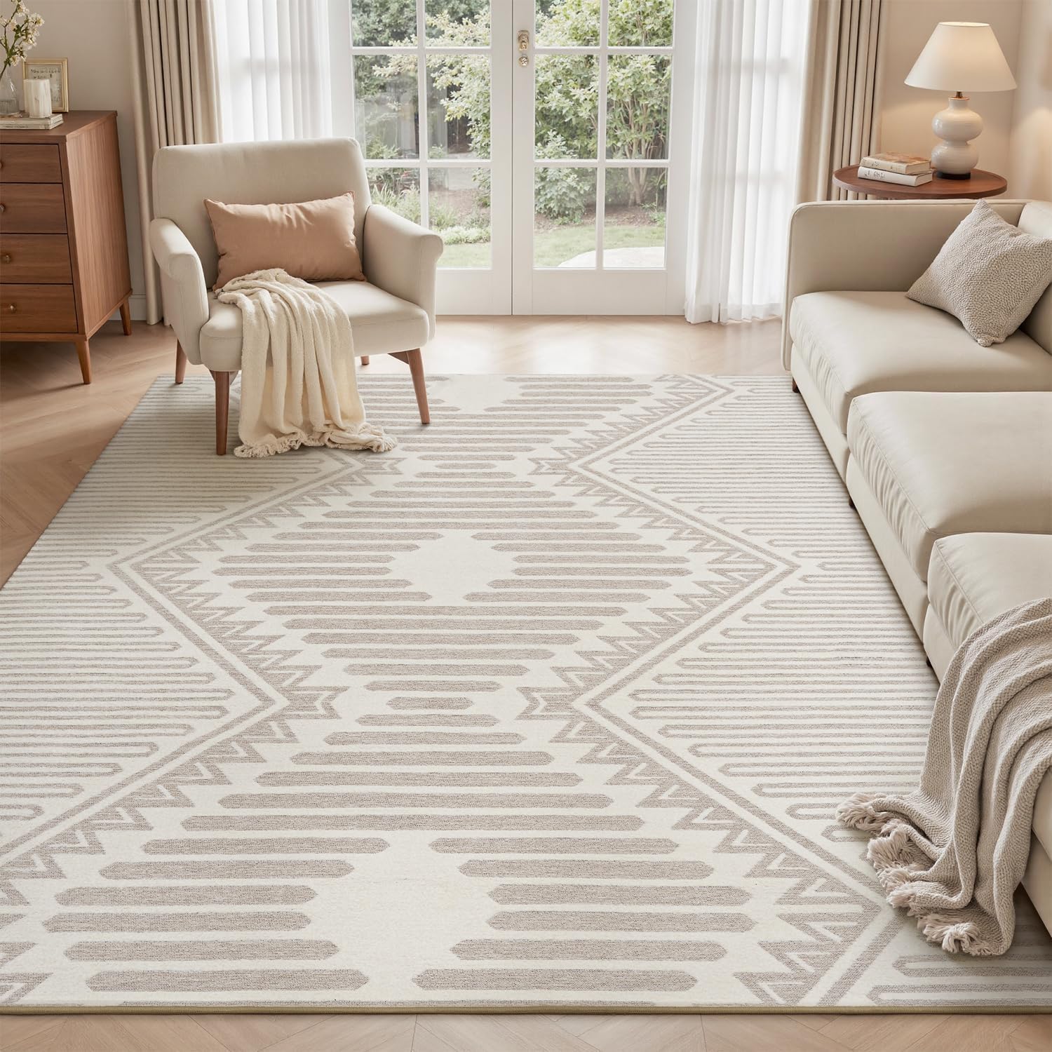 Beige Tufted Boho Geometric Washable Rug - Rugsco.ca