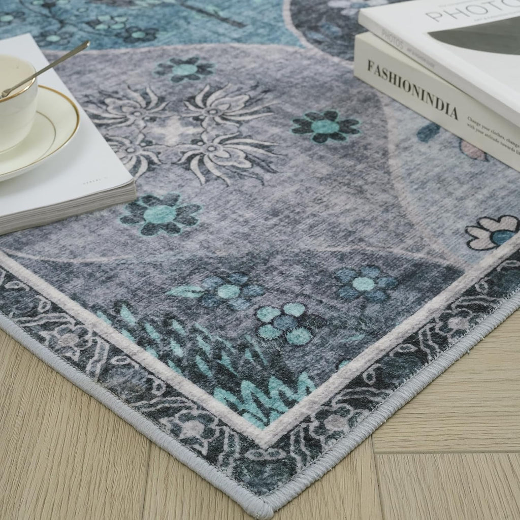 Turkish Blue Rug Non Slip Modern  Living Room Kitchen and Bedroom
