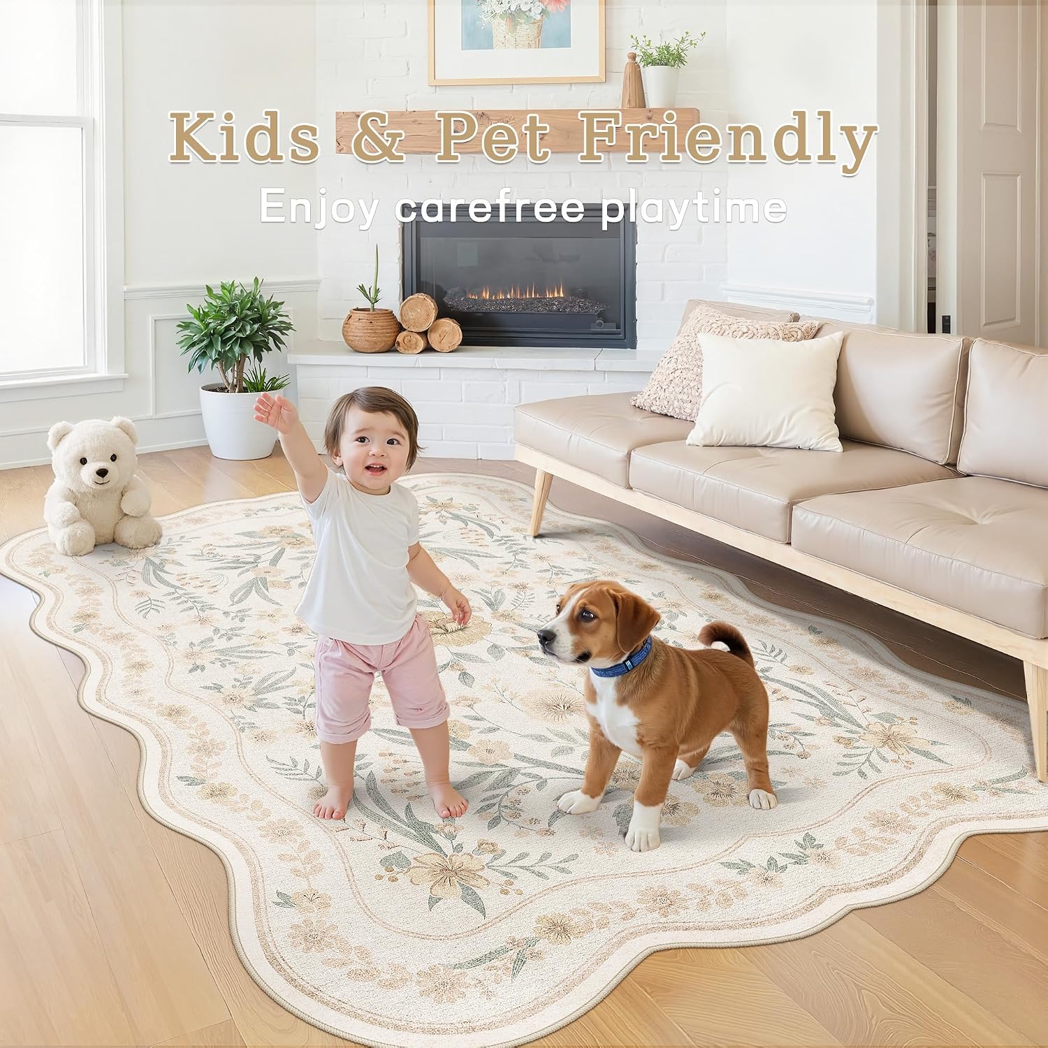 Beige Scalloped Floral Washable Rug - Rugsco.ca