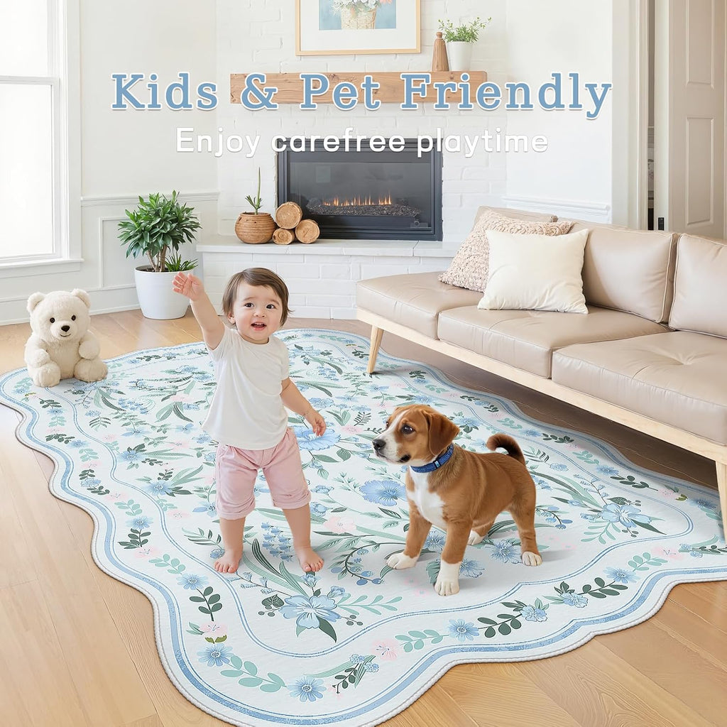 Blue Scalloped Floral Washable Rug - Rugsco.ca
