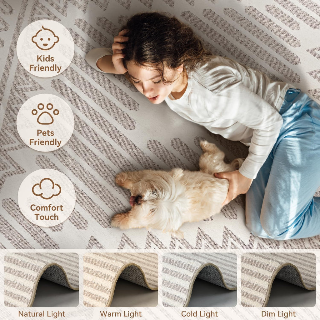Beige Tufted Boho Geometric Washable Rug - Rugsco.ca
