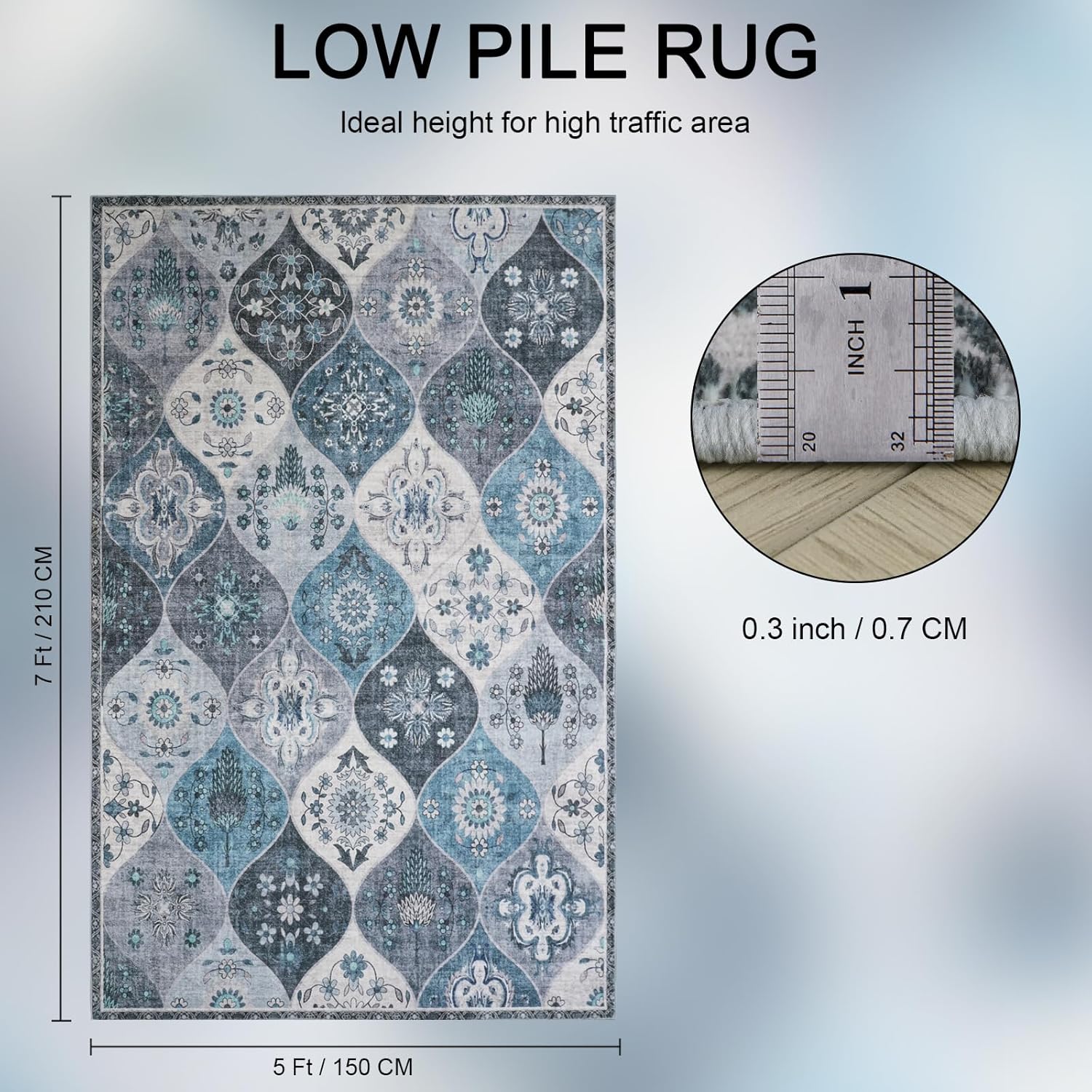 Turkish Blue Rug Non Slip Modern  Living Room Kitchen and Bedroom