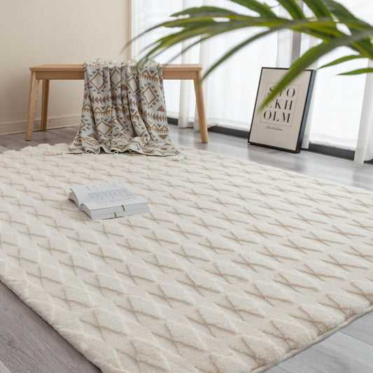 Faux Rabbit Fur Shag Rug 5x7 Creamy White Boho Diamond Patterned Rug