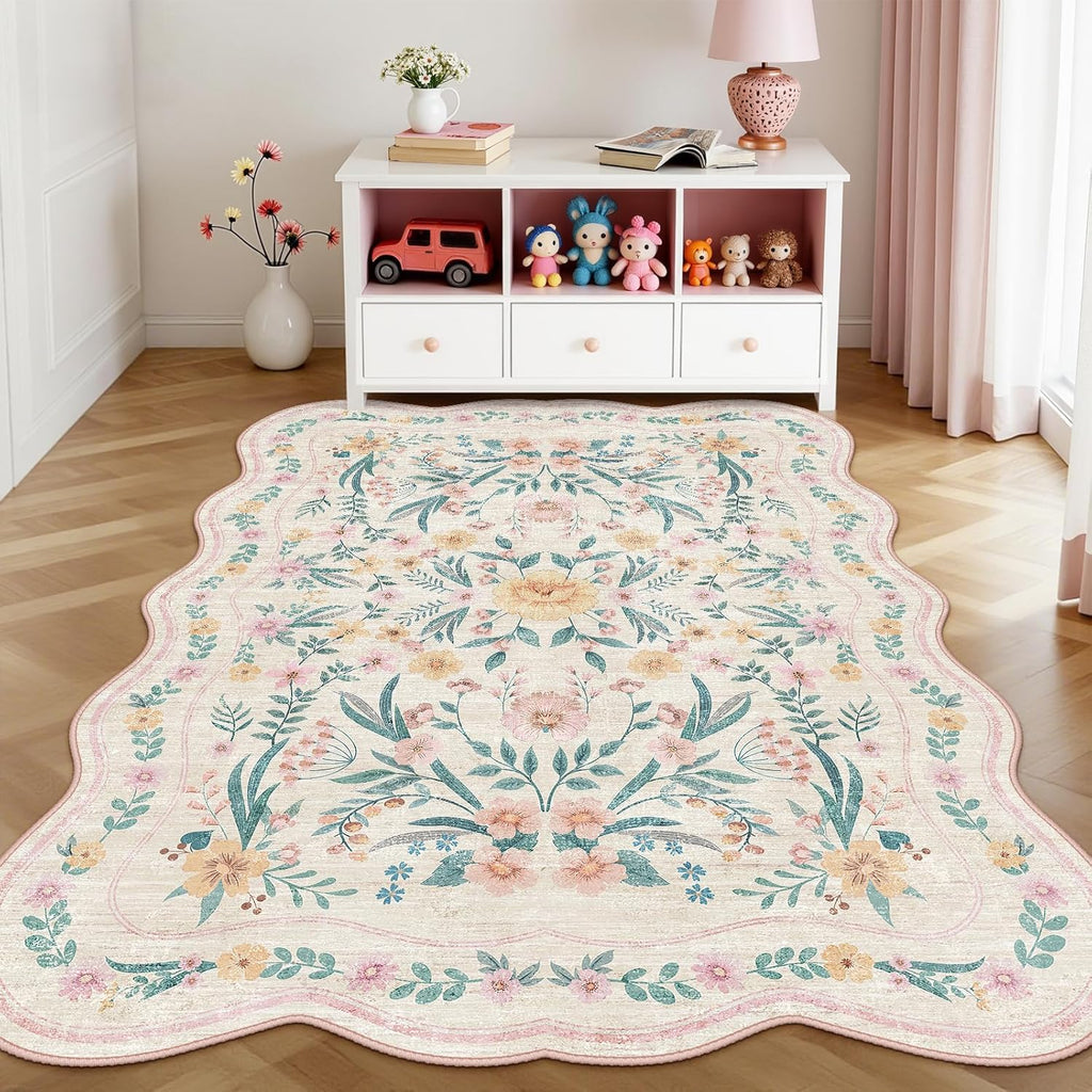 Pink Scalloped Floral Washable Rug - Rugsco.ca