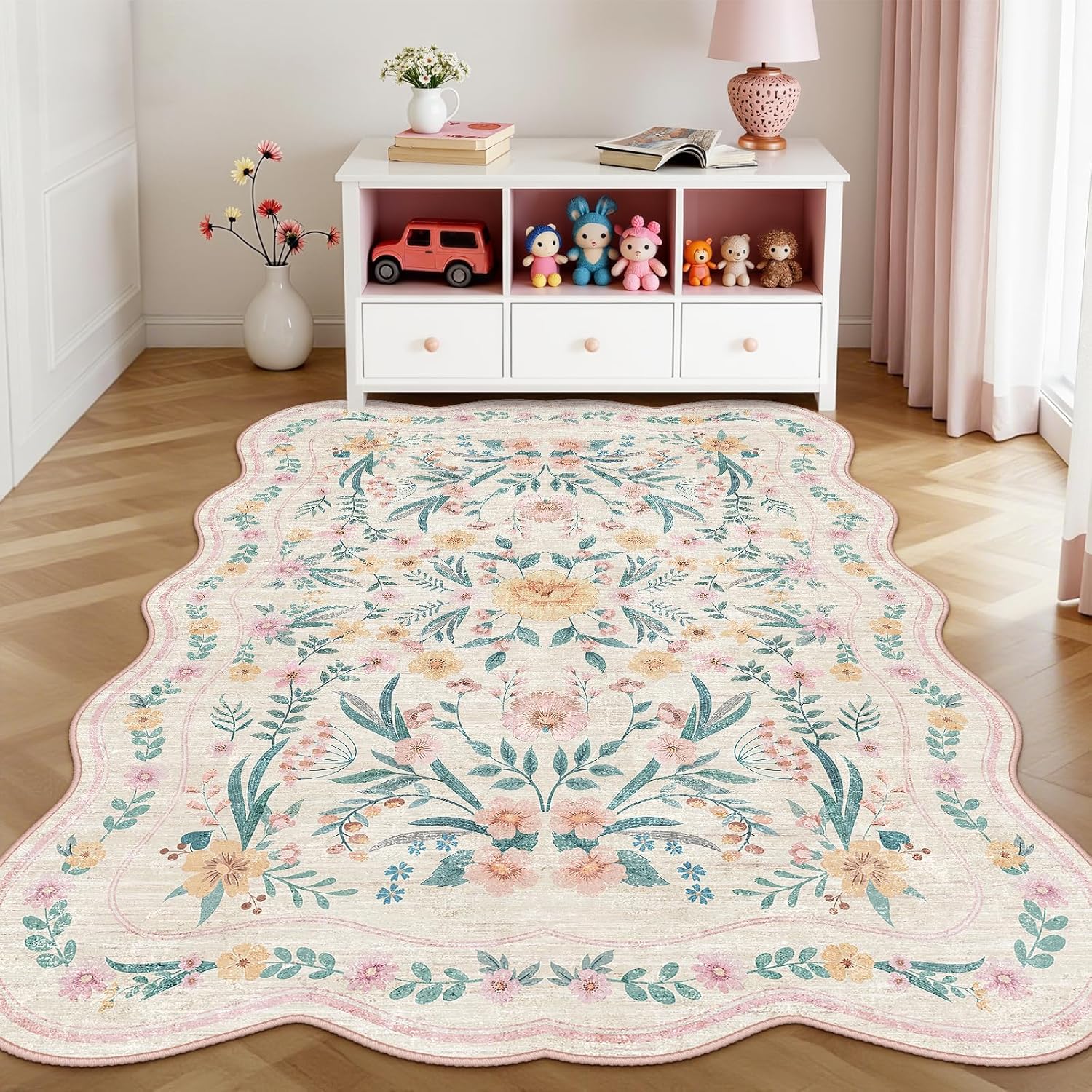 Pink Scalloped Floral Washable Rug - Rugsco.ca