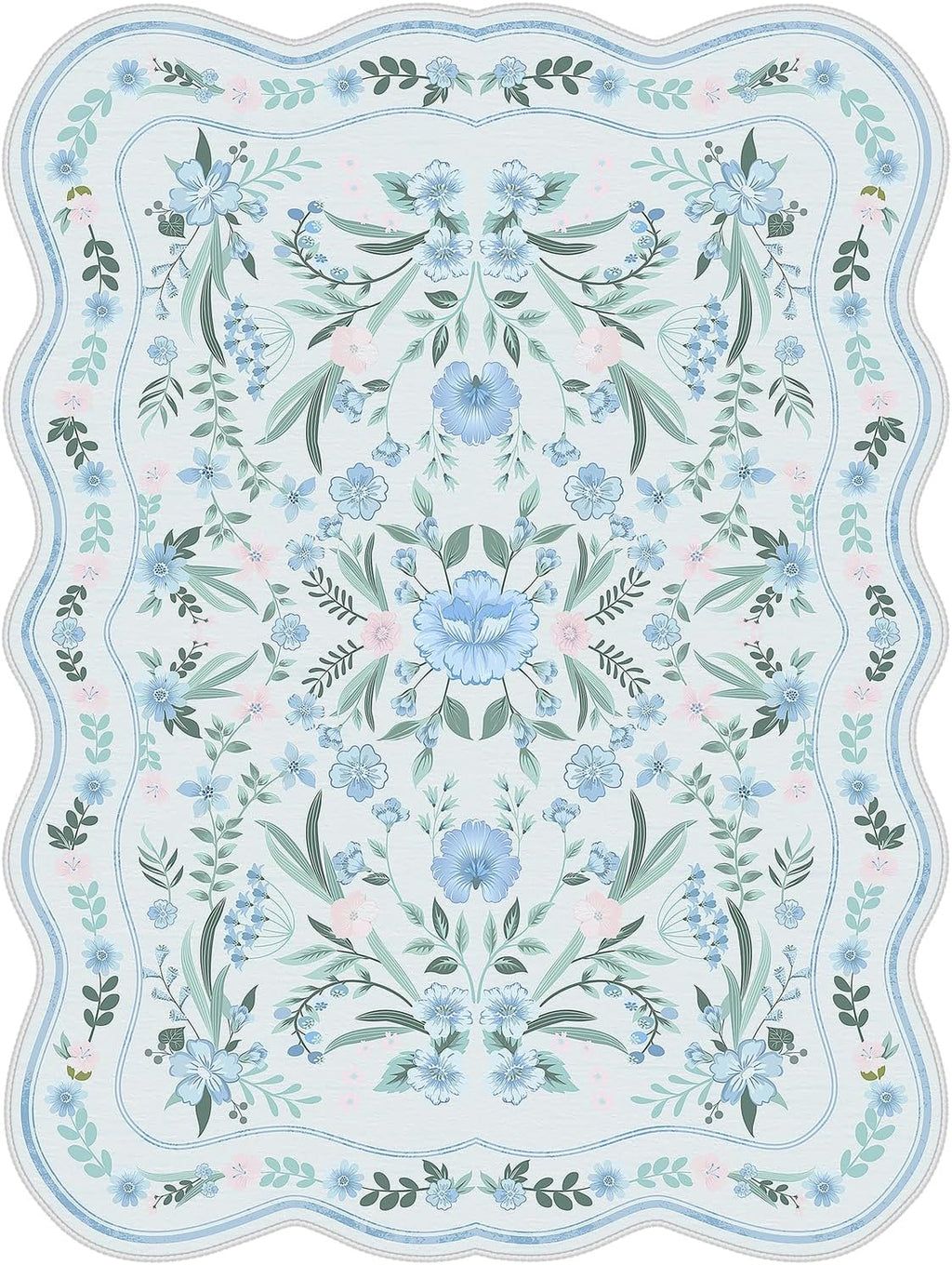 Blue Scalloped Floral Washable Rug - Rugsco.ca