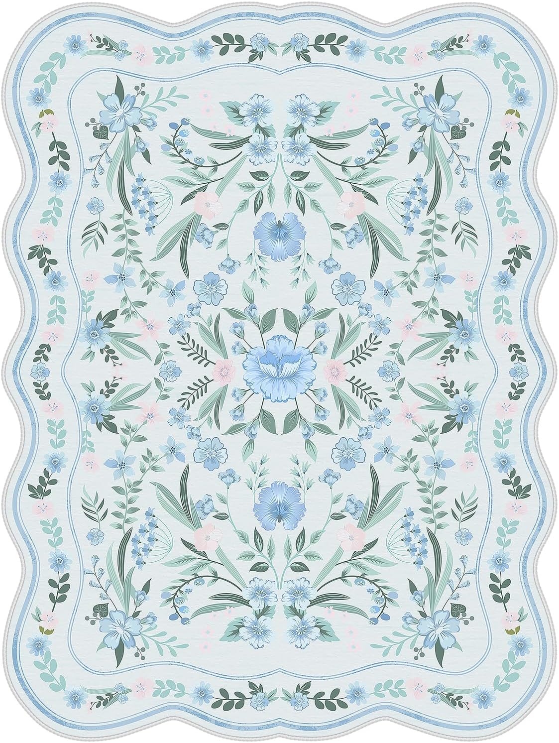Blue Scalloped Floral Washable Rug - Rugsco.ca