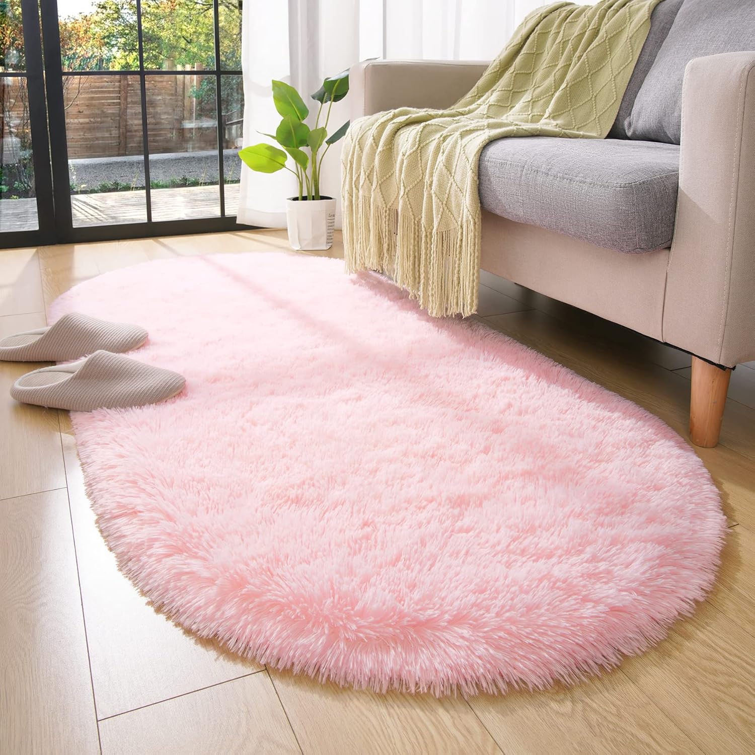 Oval Fluffy Rug Pink 3x8