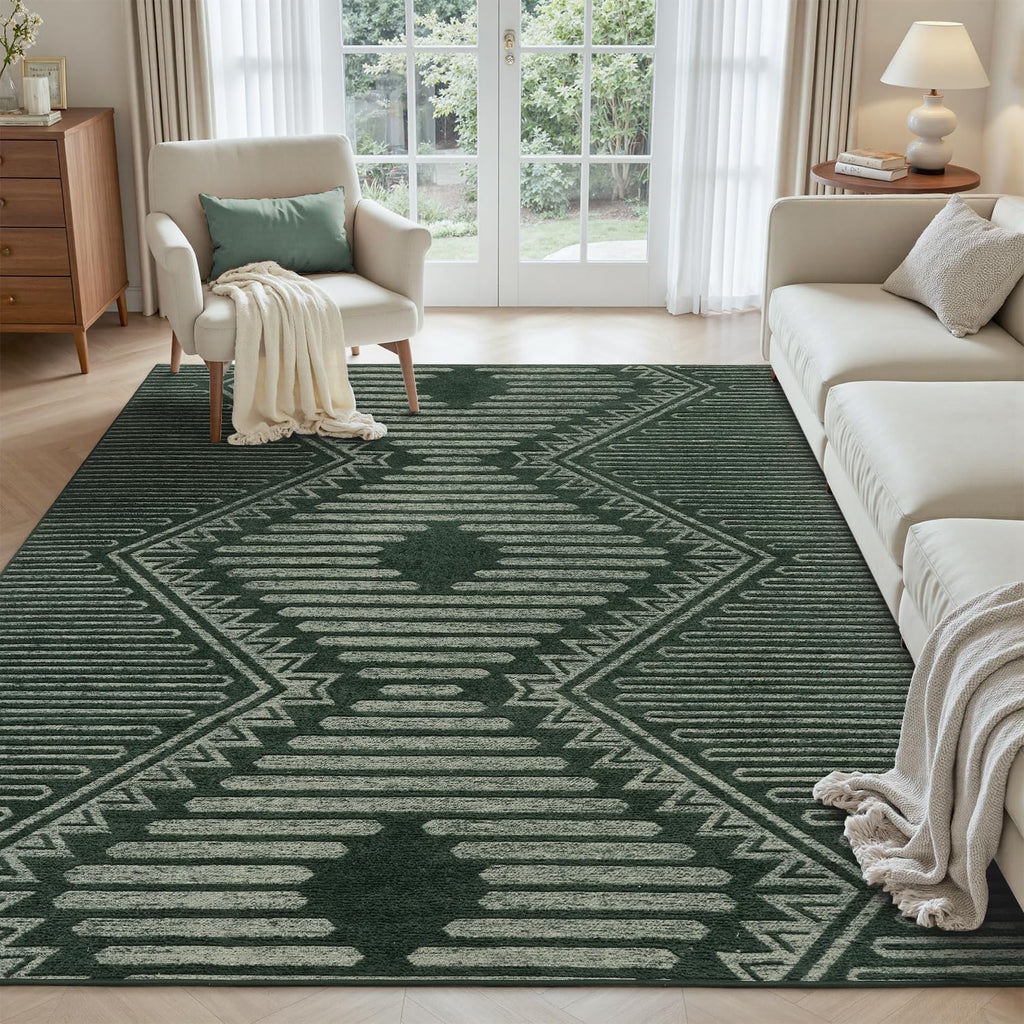Green Tufted Boho Geometric Washable Rug - Rugsco.ca