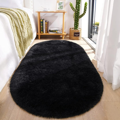 Oval Fluffy Rug Black 3x7