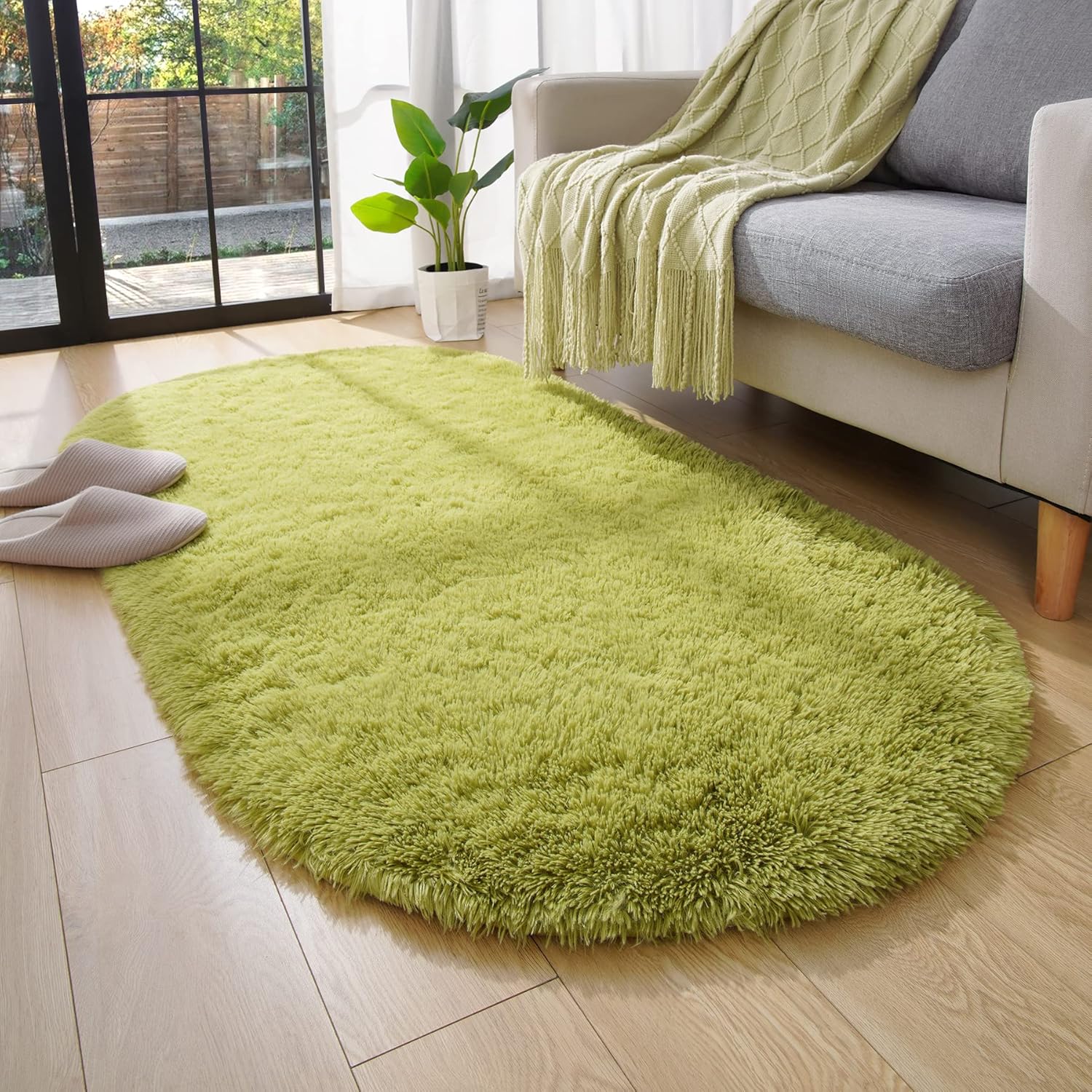 Oval Fluffy Rug White Plain 3x8