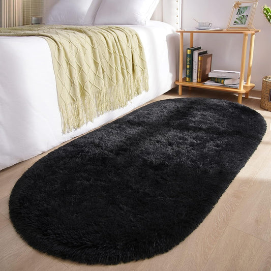 Oval Fluffy Rug Black 3x5