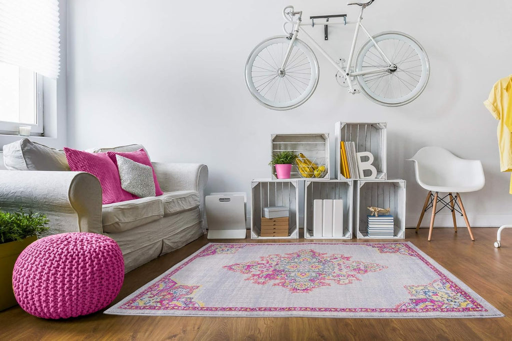 Joy Rug Collection Area Rug 5x7 Oriental Patterned Grey Pink  Area Carpet