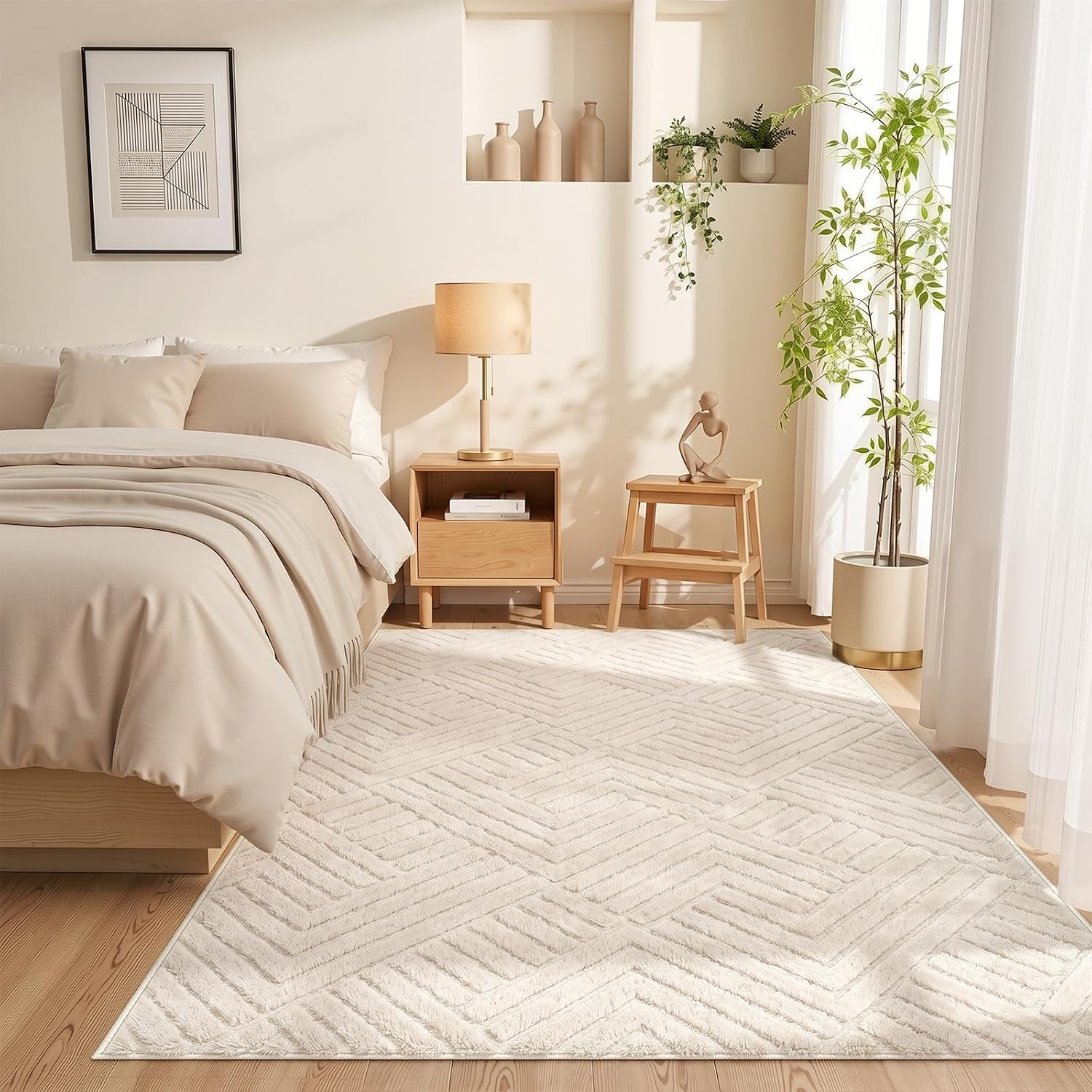 Beige Stripe Washable Rug - Rugsco.ca