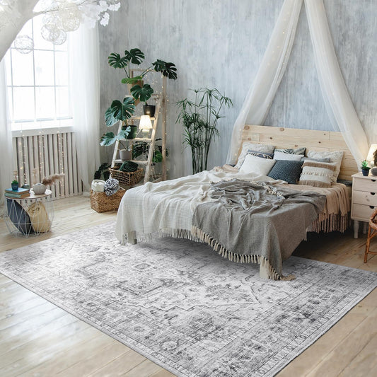 Modern Washable Rug Boho Non-Slip Grey Multicolor Area Rug