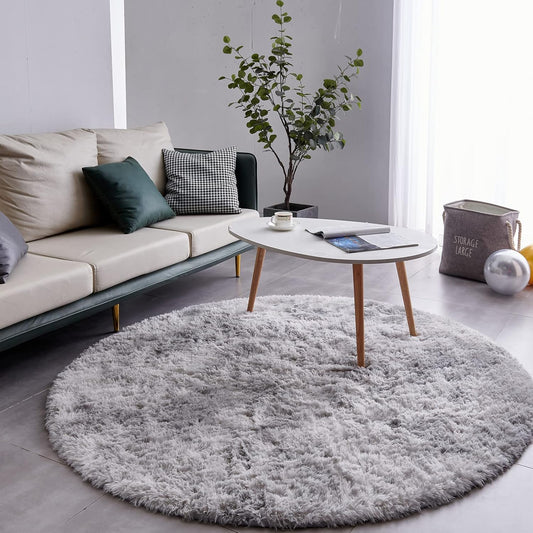 Round Fluffy Rug Cloud Grey Plain 