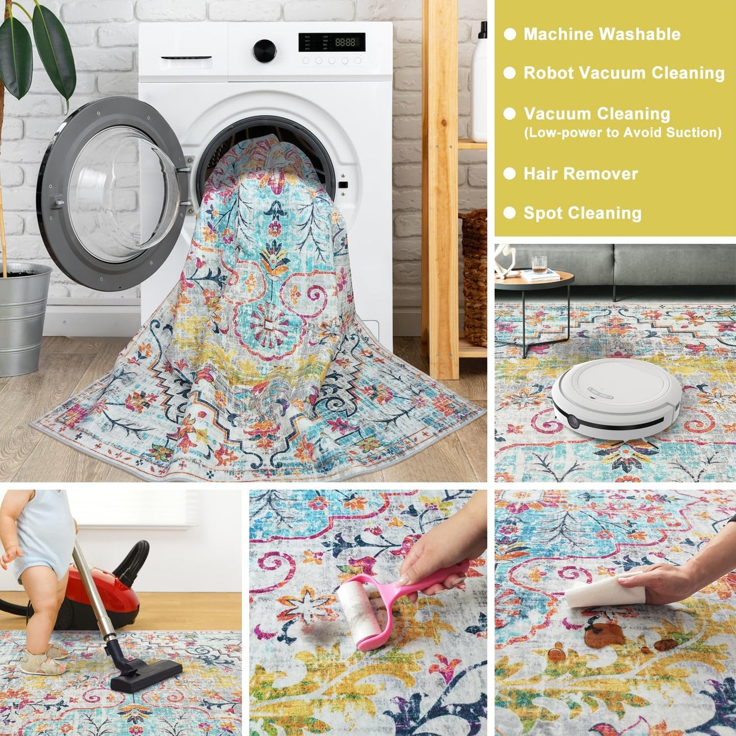 Modern Washable Rug Boho Non-Slip Blue Beige and Multicolor Area Rug
