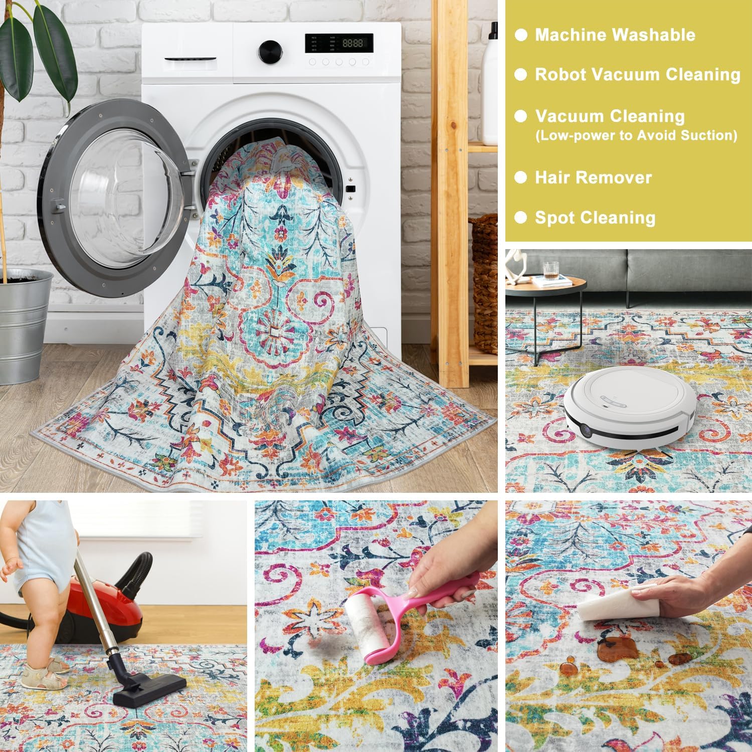 Modern Washable Rug Boho Non-Slip Blue Beige and Multicolor Area Rug