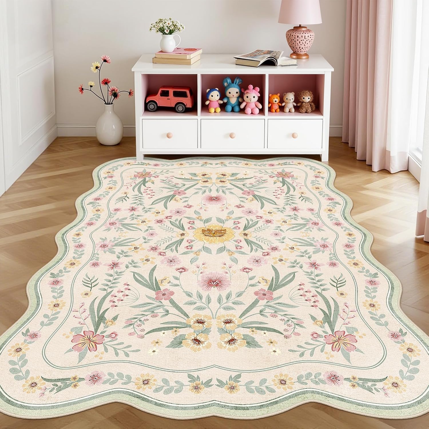 Green Scalloped Floral Washable Rug - Rugsco.ca