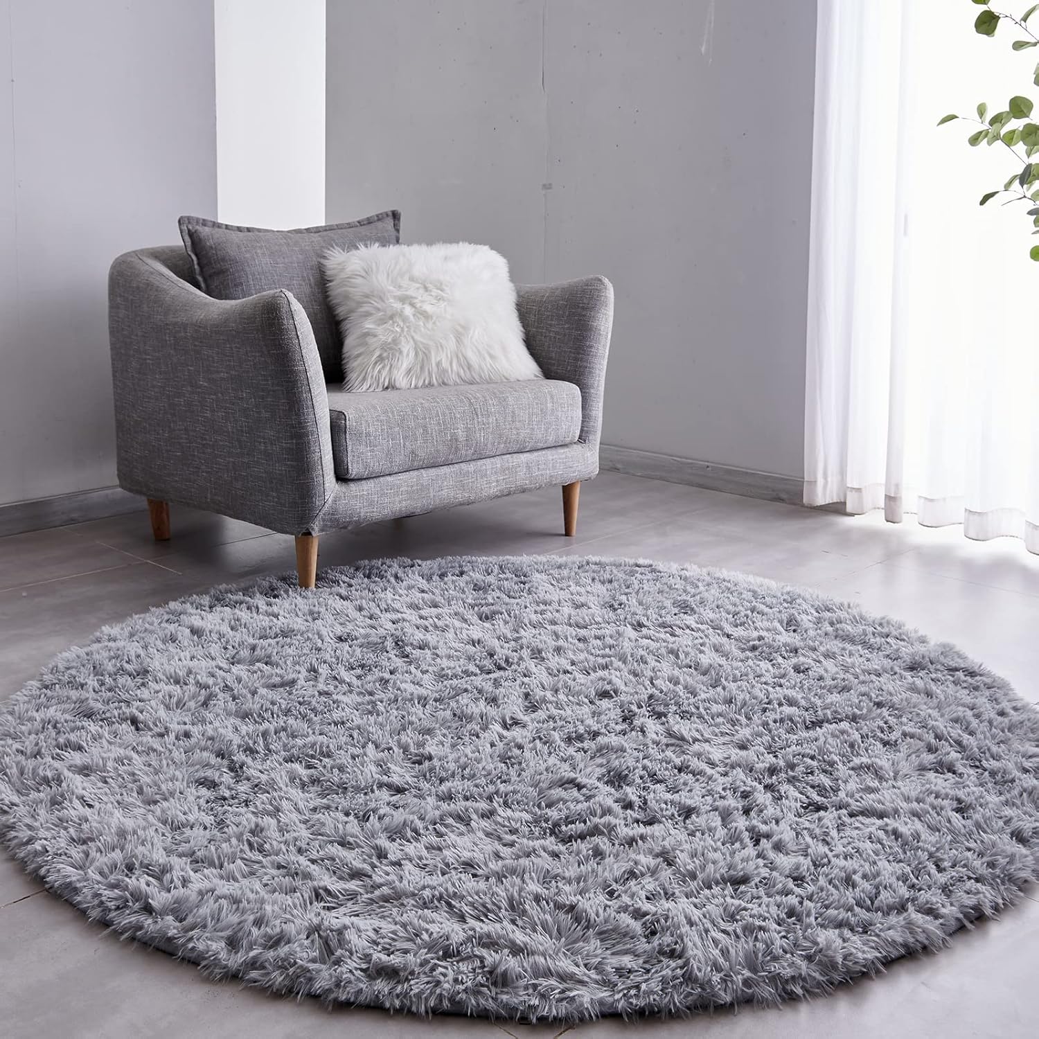 Round Fluffy Rug Grey Plain 