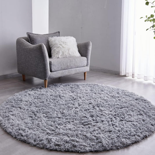 Round Fluffy Rug Grey Plain 