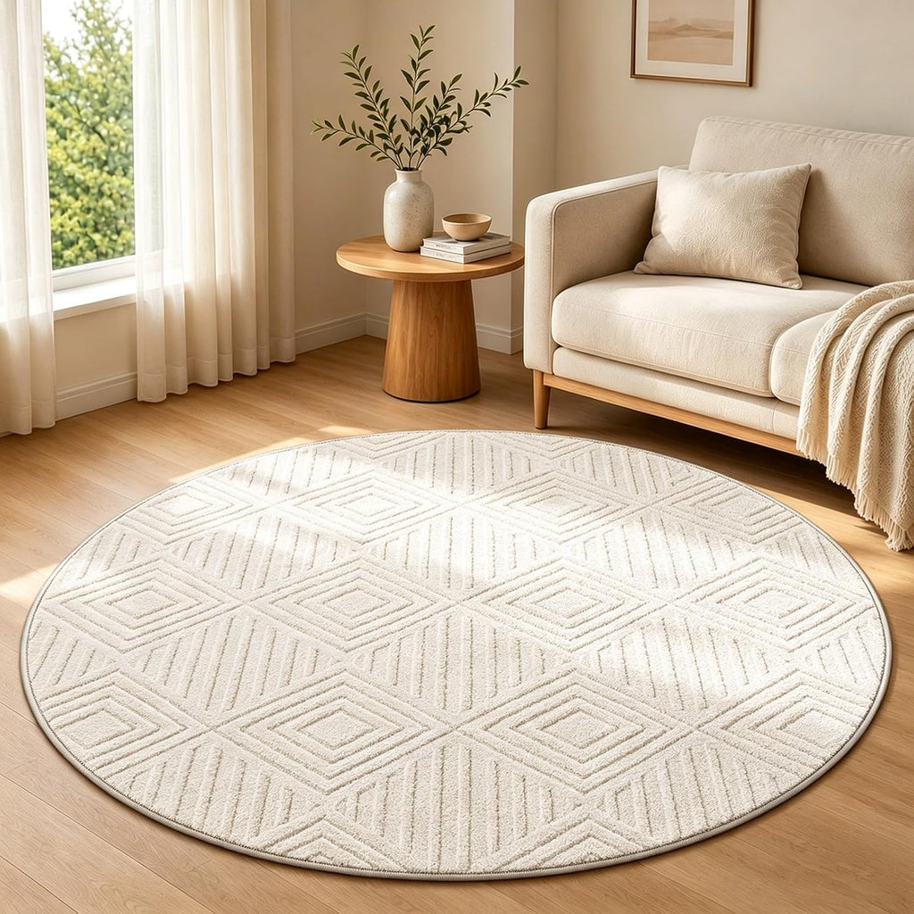 Checkered Cream Boho Round Washable Rug - Rugsco.ca