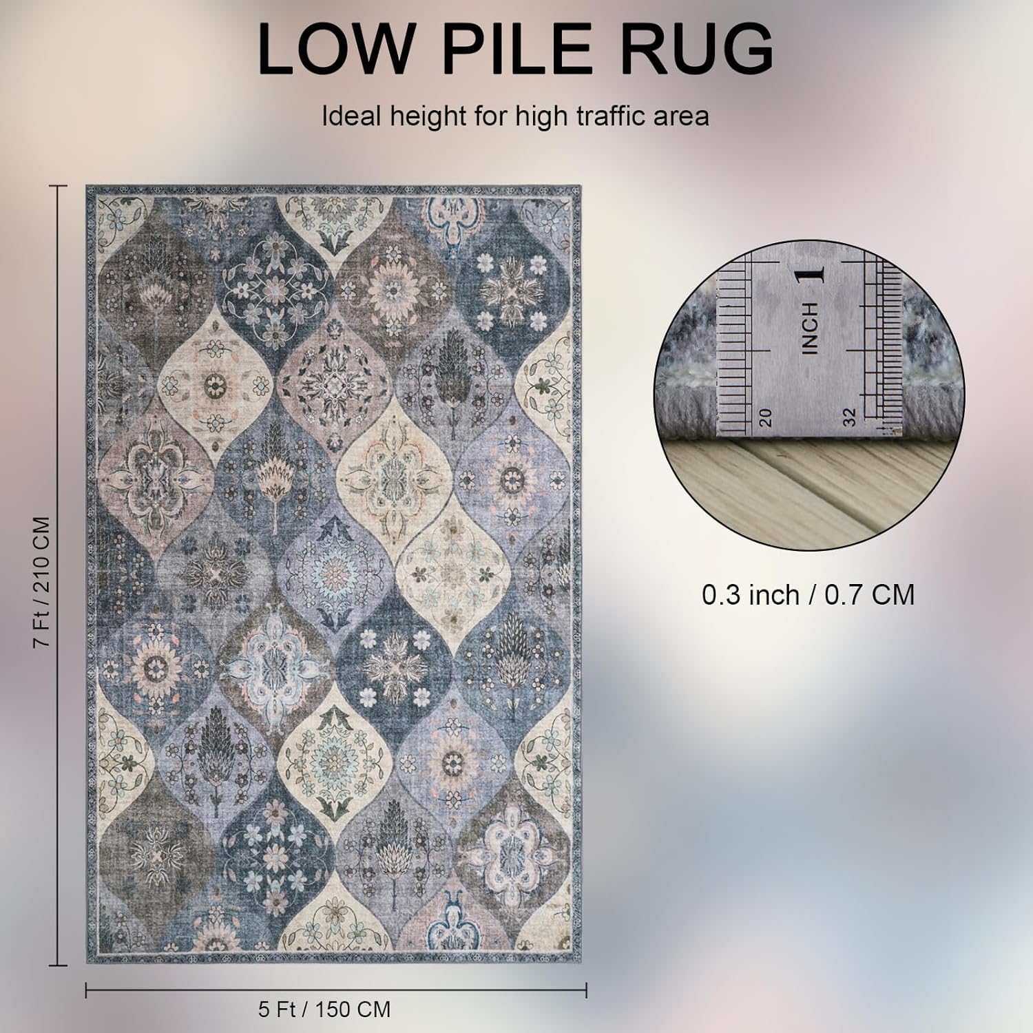 Turkish Blue grey Rug Non Slip Modern  Living Room Kitchen and Bedroom