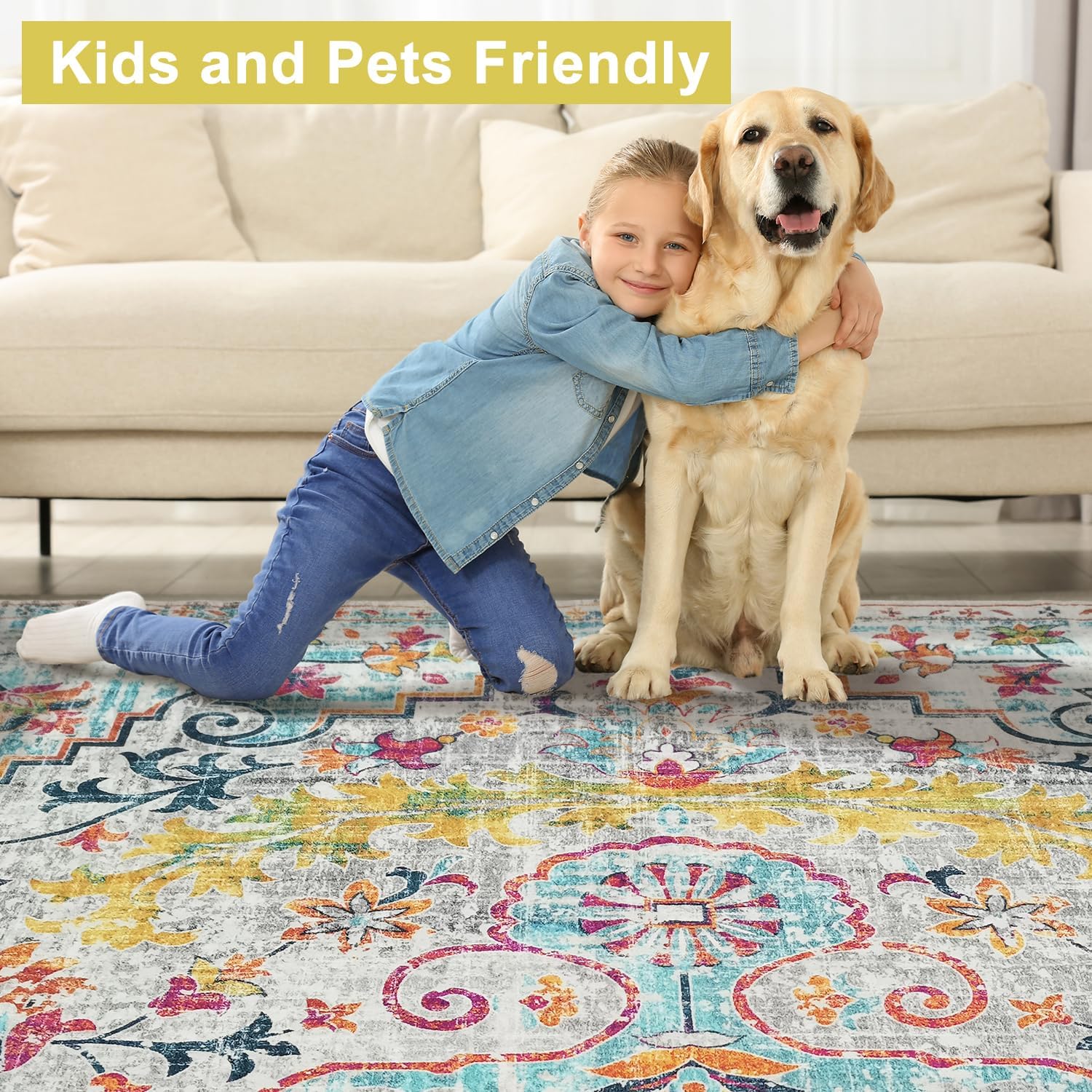Modern Washable Rug Boho Non-Slip Blue Beige and Multicolor Area Rug
