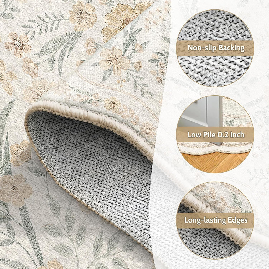 Beige Scalloped Floral Washable Rug - Rugsco.ca