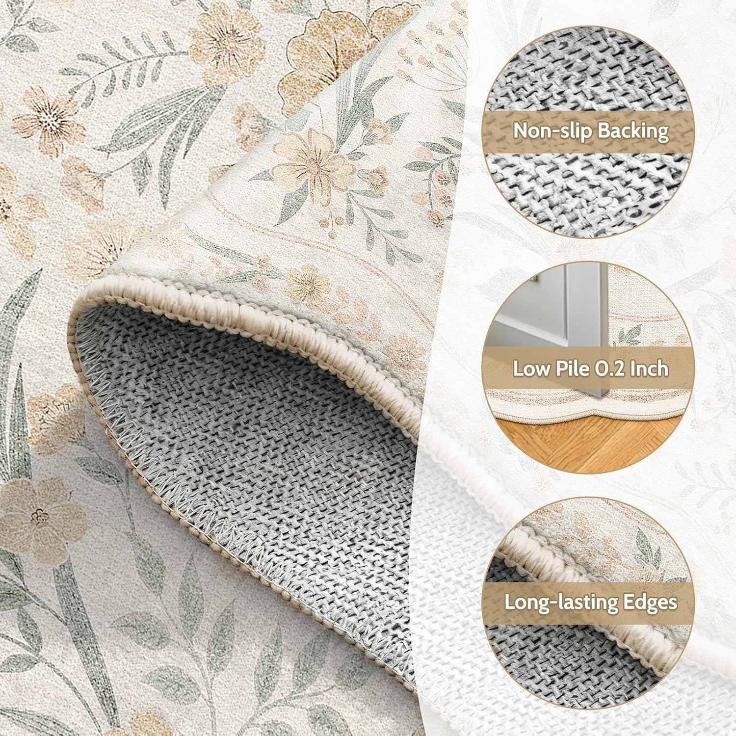 Beige Scalloped Floral Washable Rug - Rugsco.ca
