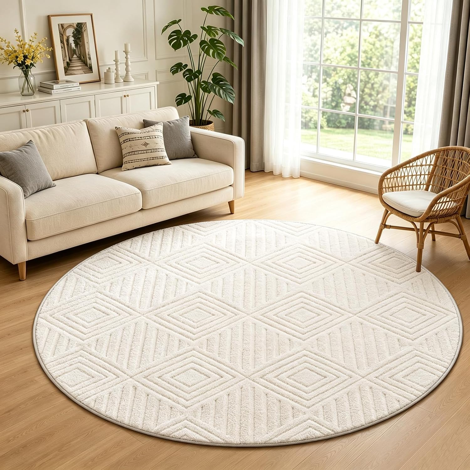 Checkered Cream Boho Round Washable Rug - Rugsco.ca